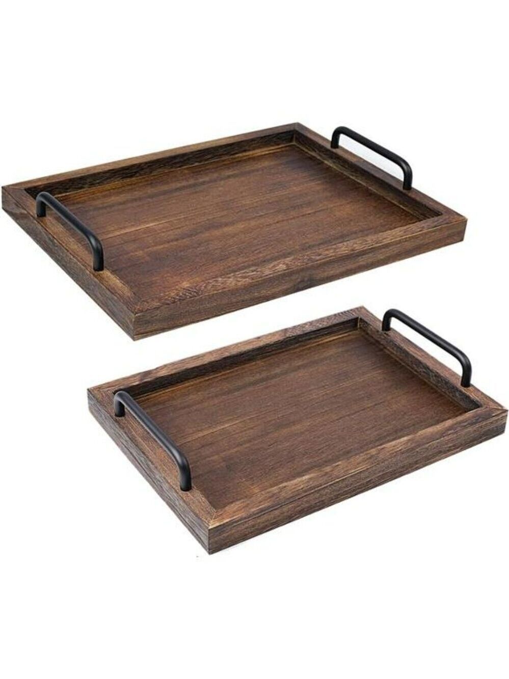 Rustic Wood Serving Trays Set of 2 with Handles Farmhouse Coffee Table Decor